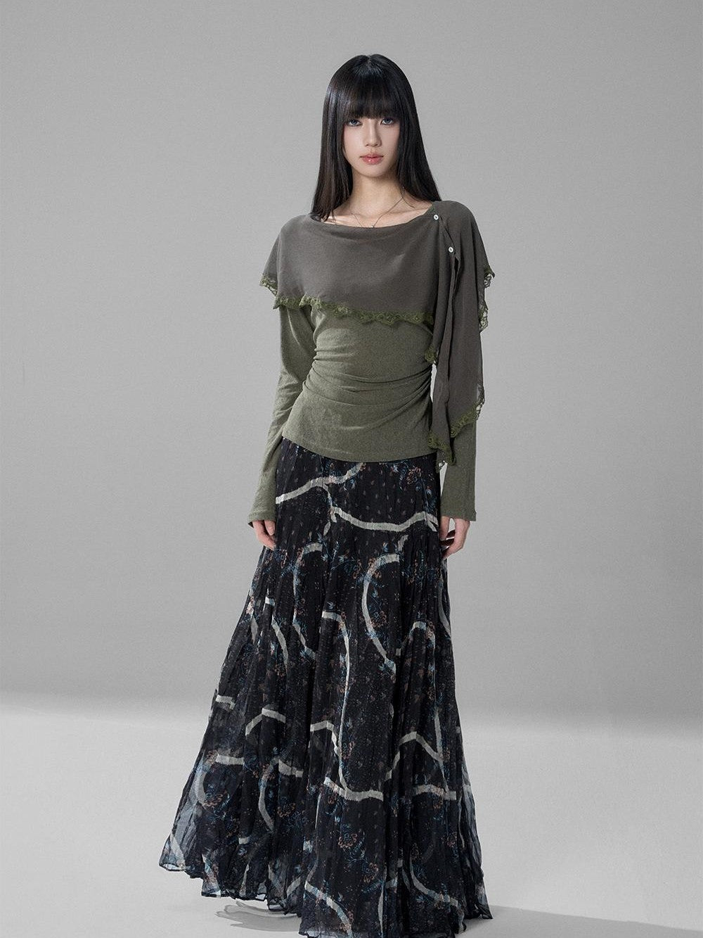 LADYGHOST Green Ruffled High Waist Printed Artistic Women&