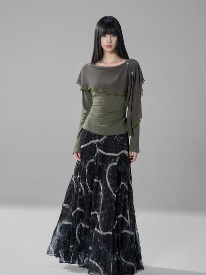 LADYGHOST Green Ruffled High Waist Printed Artistic Women&
