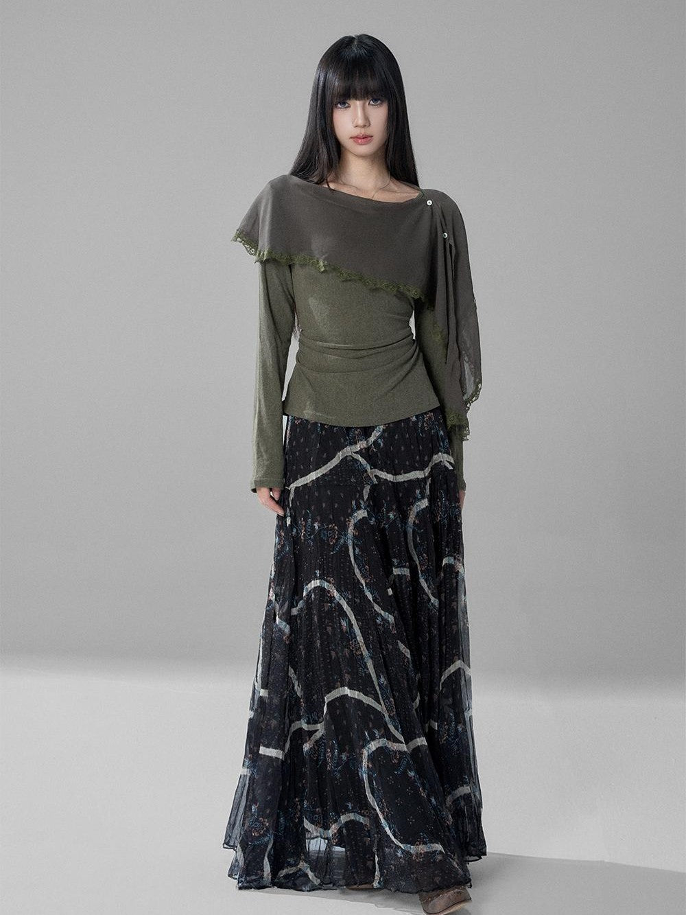 LADYGHOST Green Ruffled High Waist Printed Artistic Women&