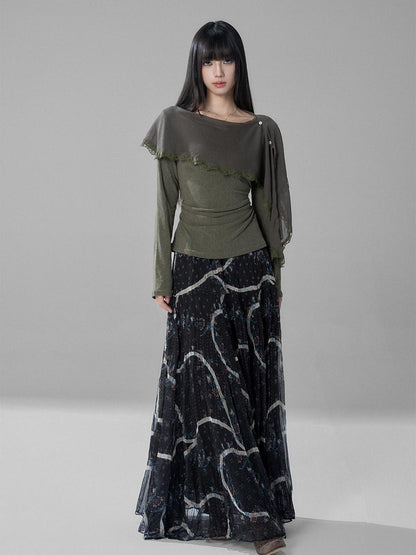 LADYGHOST Green Ruffled High Waist Printed Artistic Women&