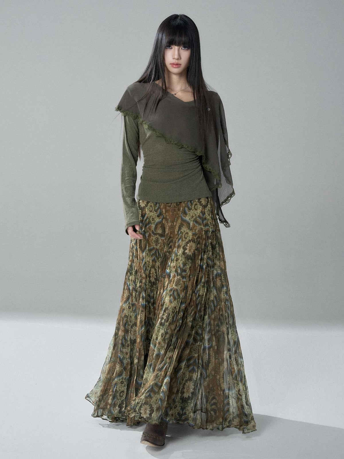 LADYGHOST Green Ruffled High Waist Printed Artistic Women&