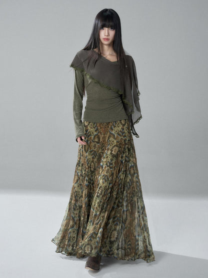 LADYGHOST Green Ruffled High Waist Printed Artistic Women&