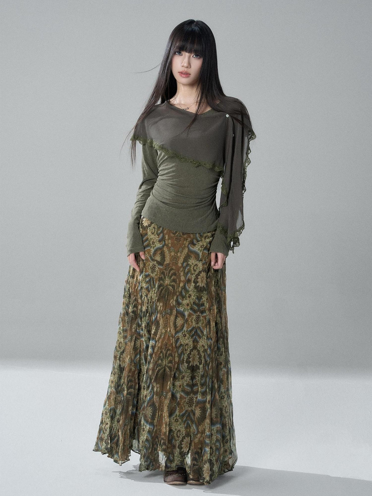LADYGHOST Green Ruffled High Waist Printed Artistic Women&