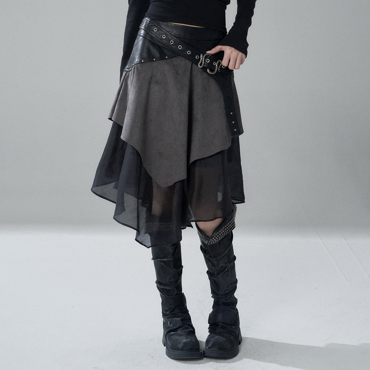 LADYGHOST_Grey_Asymmetric_Gothic_Punk_Patchwork_Snake_Buckle_Women&