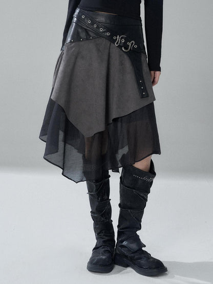 LADYGHOST Grey Asymmetric Gothic Punk Patchwork Snake Buckle Women&