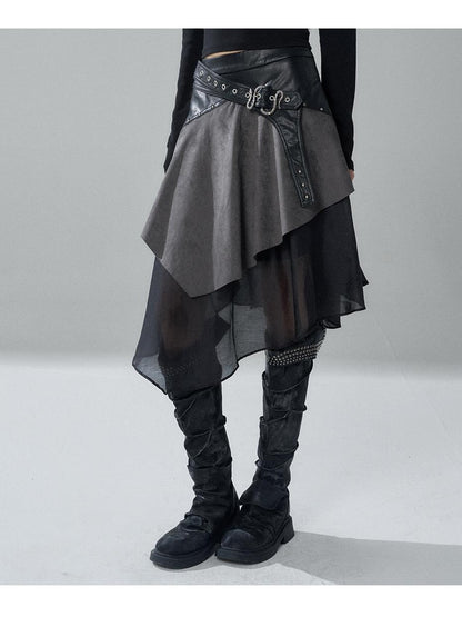 LADYGHOST Grey Asymmetric Gothic Punk Patchwork Snake Buckle Women&