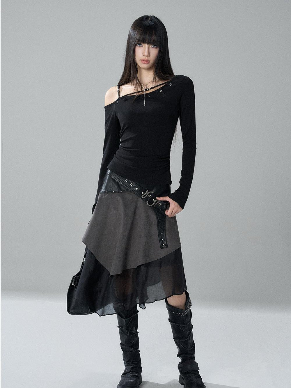 LADYGHOST Grey Asymmetric Gothic Punk Patchwork Snake Buckle Women&