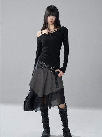 LADYGHOST Grey Asymmetric Gothic Punk Patchwork Snake Buckle Women&