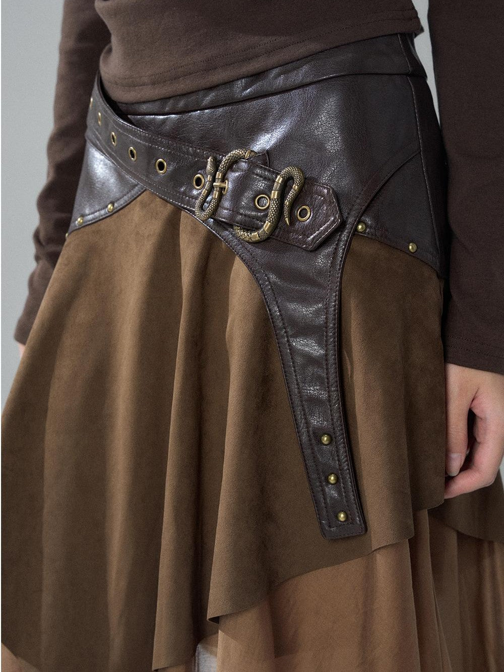 LADYGHOST Grey Asymmetric Gothic Punk Patchwork Snake Buckle Women&
