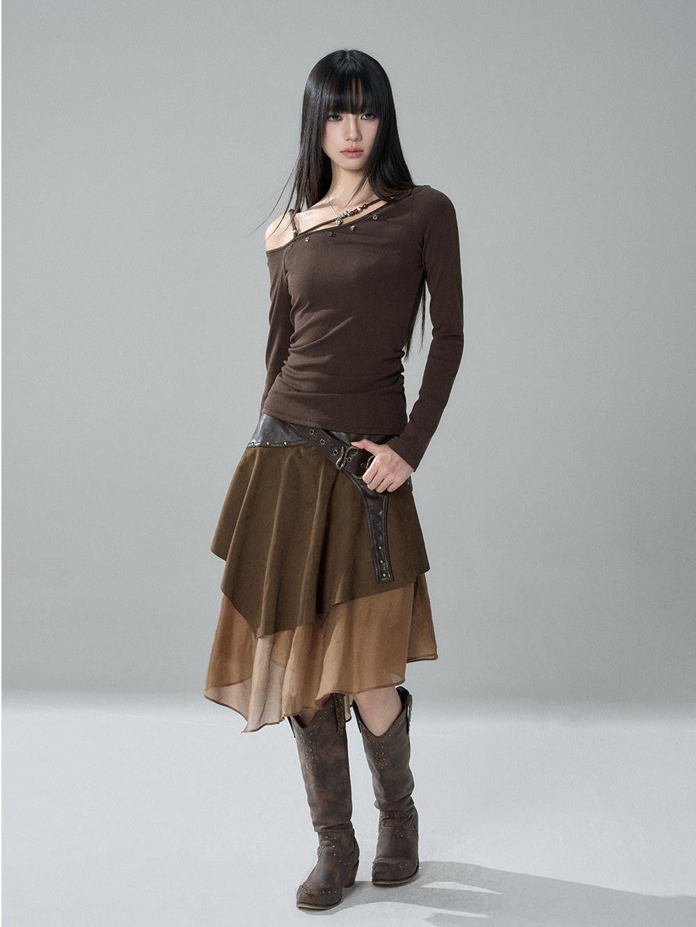LADYGHOST Grey Asymmetric Gothic Punk Patchwork Snake Buckle Women&