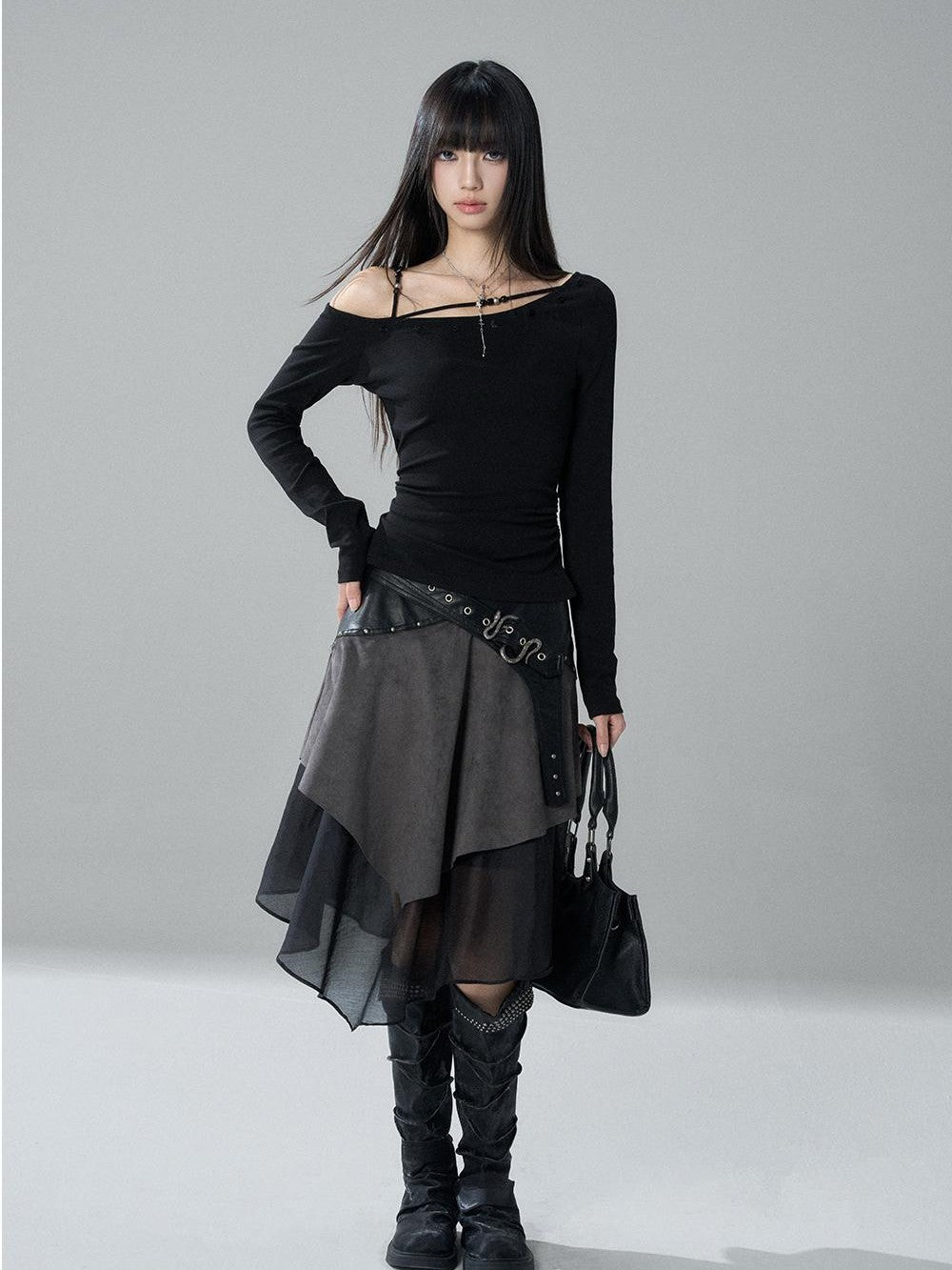 LADYGHOST Grey Asymmetric Gothic Punk Patchwork Snake Buckle Women&