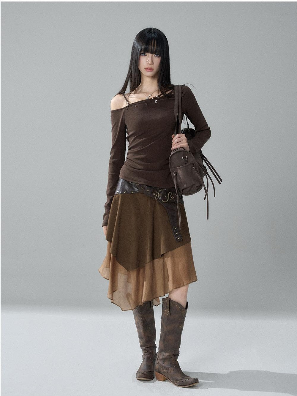 LADYGHOST Grey Asymmetric Gothic Punk Patchwork Snake Buckle Women&