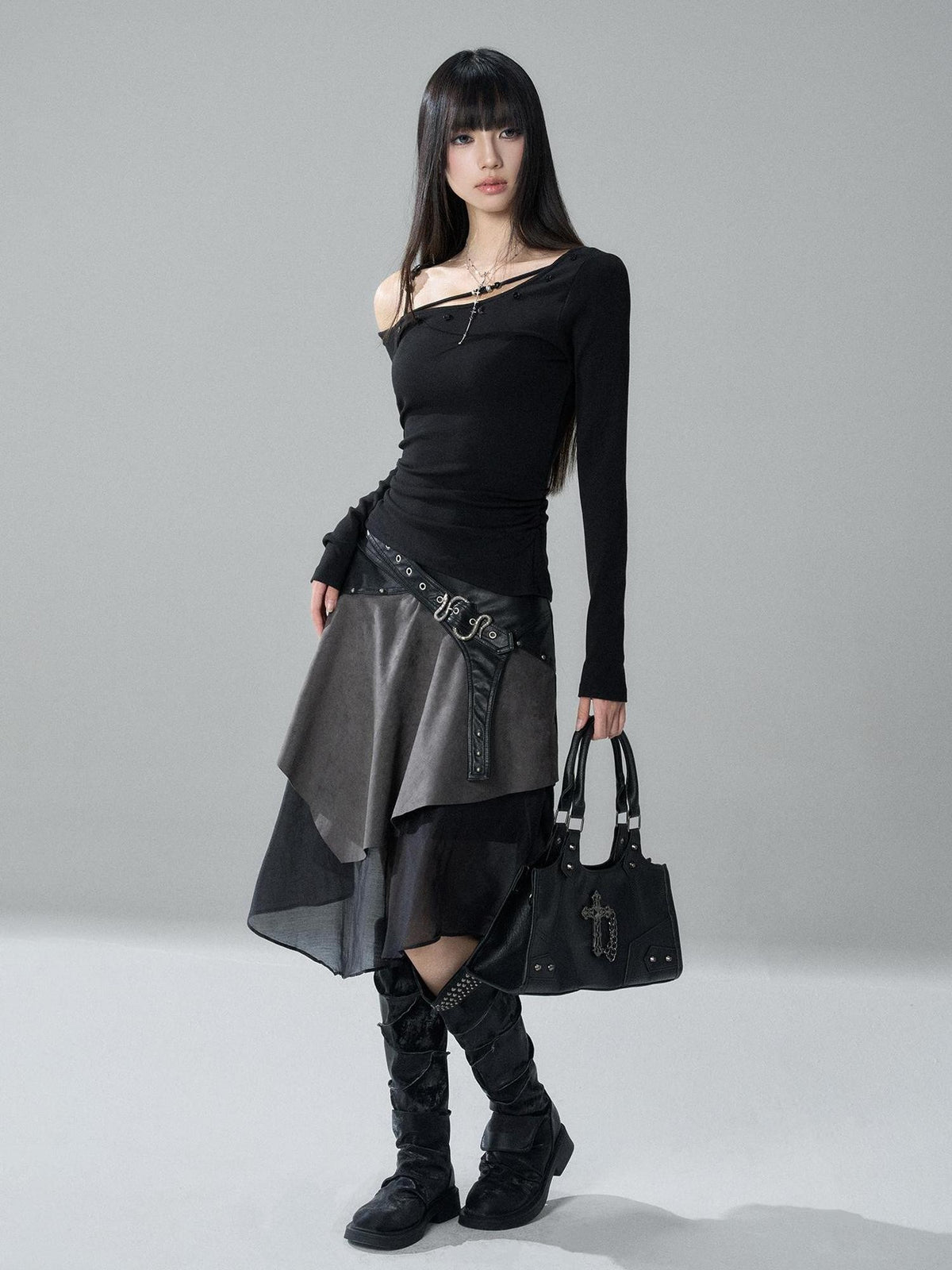 LADYGHOST Grey Asymmetric Gothic Punk Patchwork Snake Buckle Women&