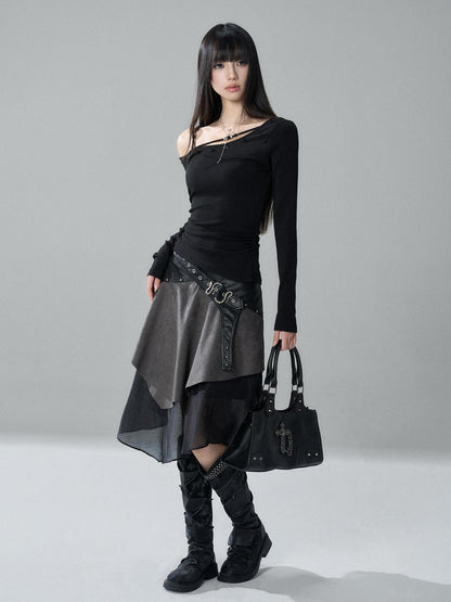 LADYGHOST Grey Asymmetric Gothic Punk Patchwork Snake Buckle Women&