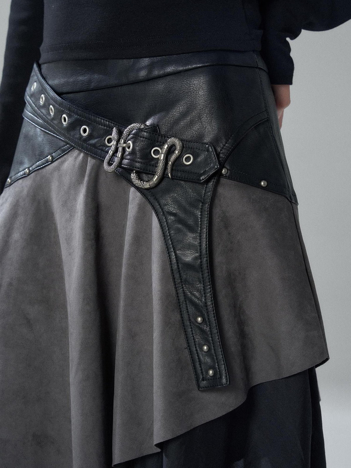 LADYGHOST Grey Asymmetric Gothic Punk Patchwork Snake Buckle Women&