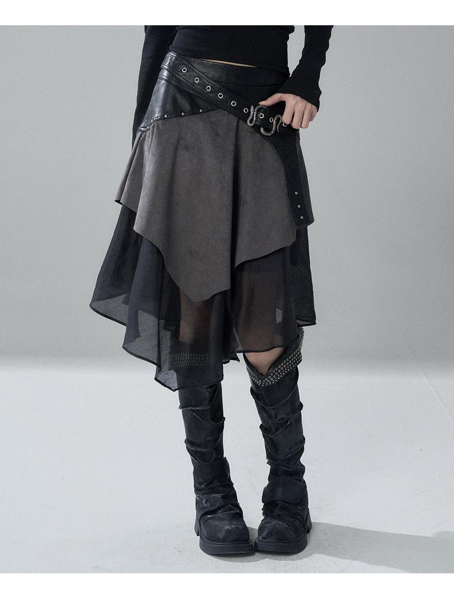 LADYGHOST Grey Asymmetric Gothic Punk Patchwork Snake Buckle Women&