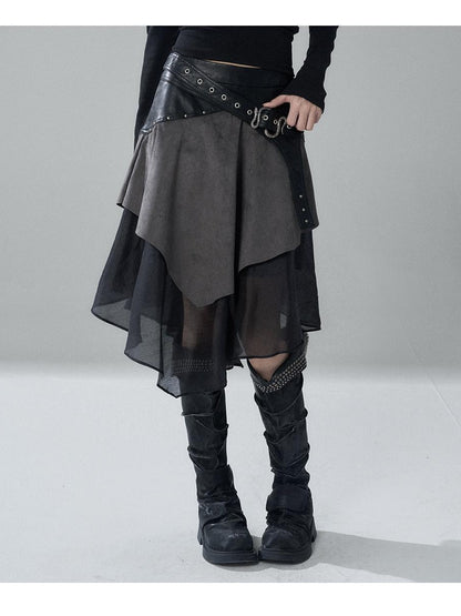 LADYGHOST Grey Asymmetric Gothic Punk Patchwork Snake Buckle Women&