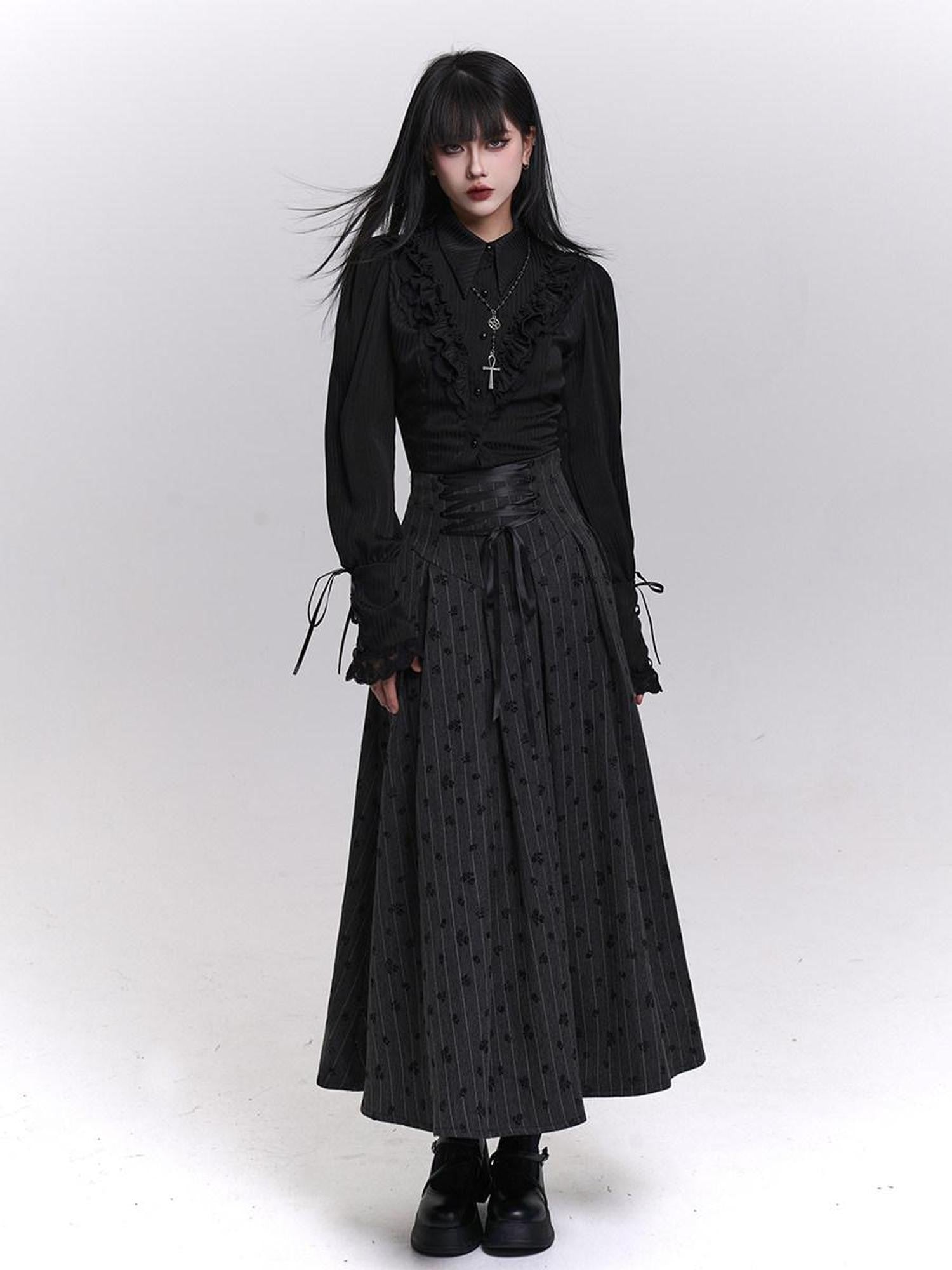 LADYGHOST Grey Striped High Waist A Line Women&