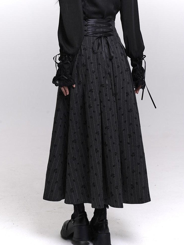 LADYGHOST Grey Striped High Waist A Line Women&