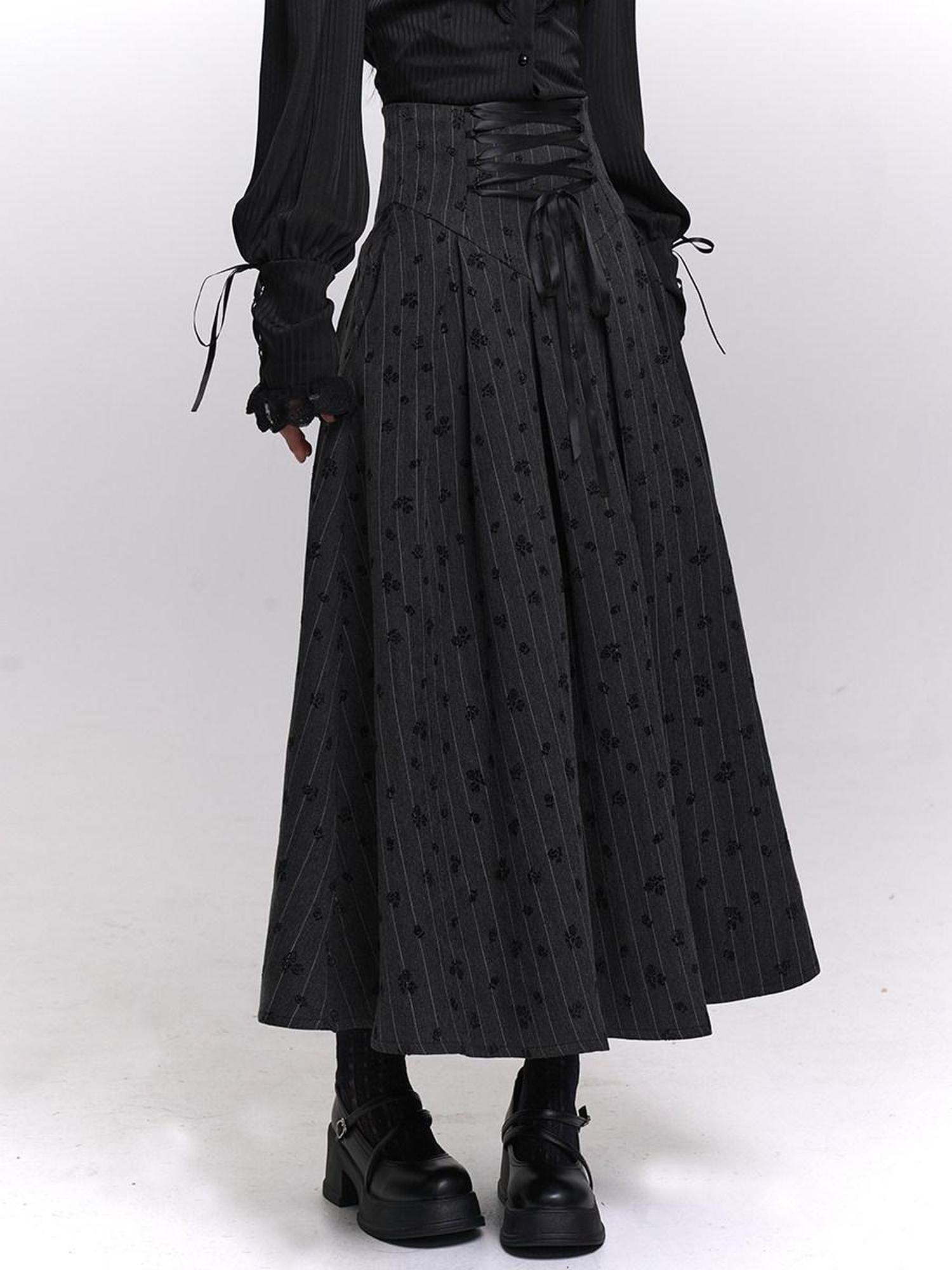 LADYGHOST Grey Striped High Waist A Line Women&