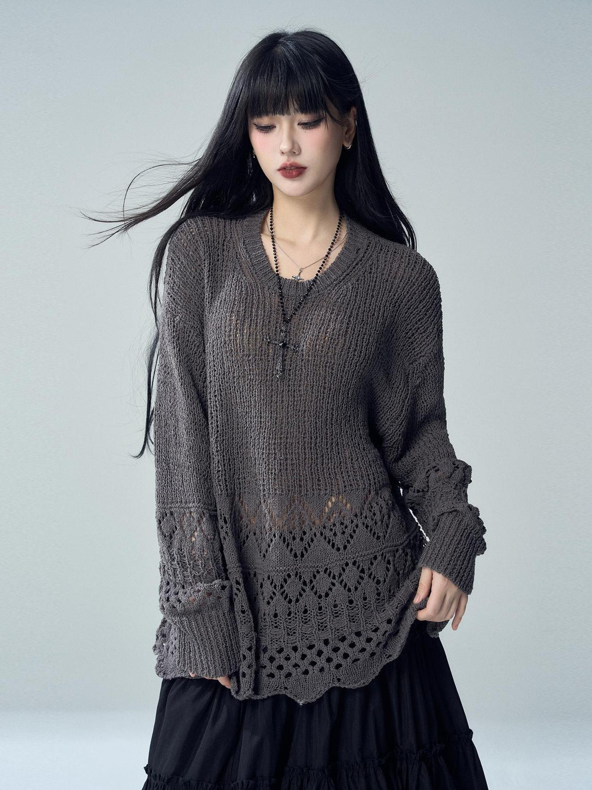 LADYGHOST Hollow Out Pointelle Knit Loose Fit Women&