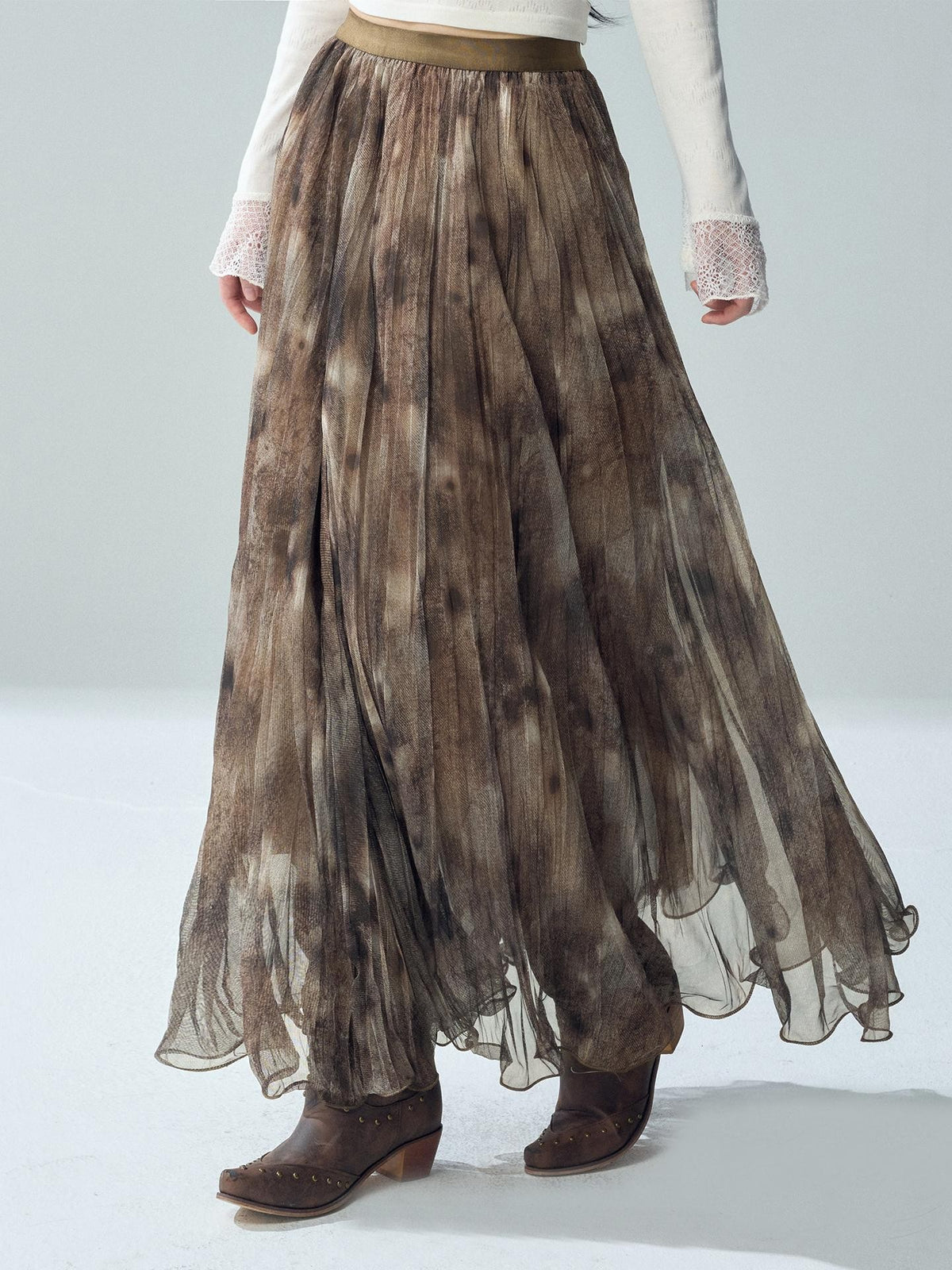 LADYGHOST Ink Wash Tie Dye Pleated Ruffle High Waist Women&