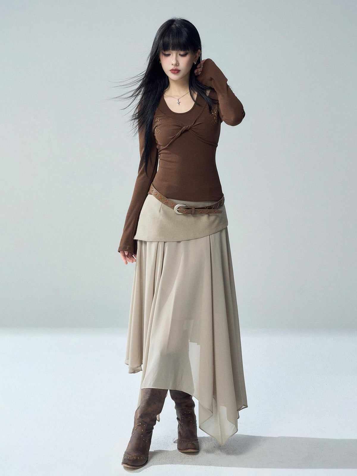 LADYGHOST Irregular Asymmetrical Patchwork Tulle Khaki Women&