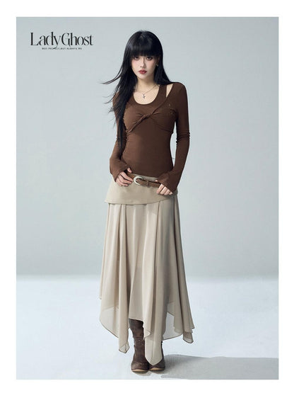 LADYGHOST Irregular Asymmetrical Patchwork Tulle Khaki Women&