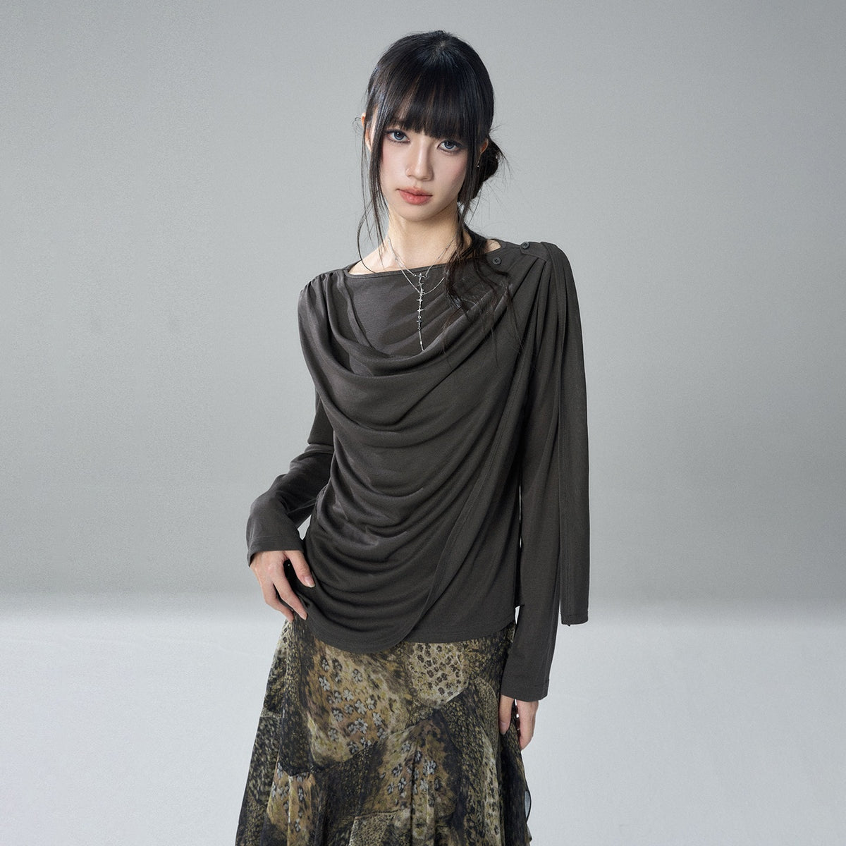 LADYGHOST_Korean_Faux_Layered_Button_Slim_Fit_Solid_Lyocell_Women&