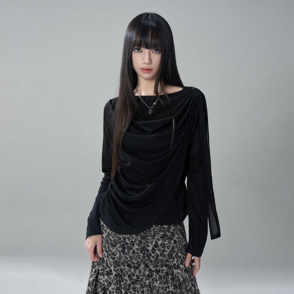 LADYGHOST_Korean_Faux_Layered_Button_Slim_Fit_Solid_Lyocell_Women&