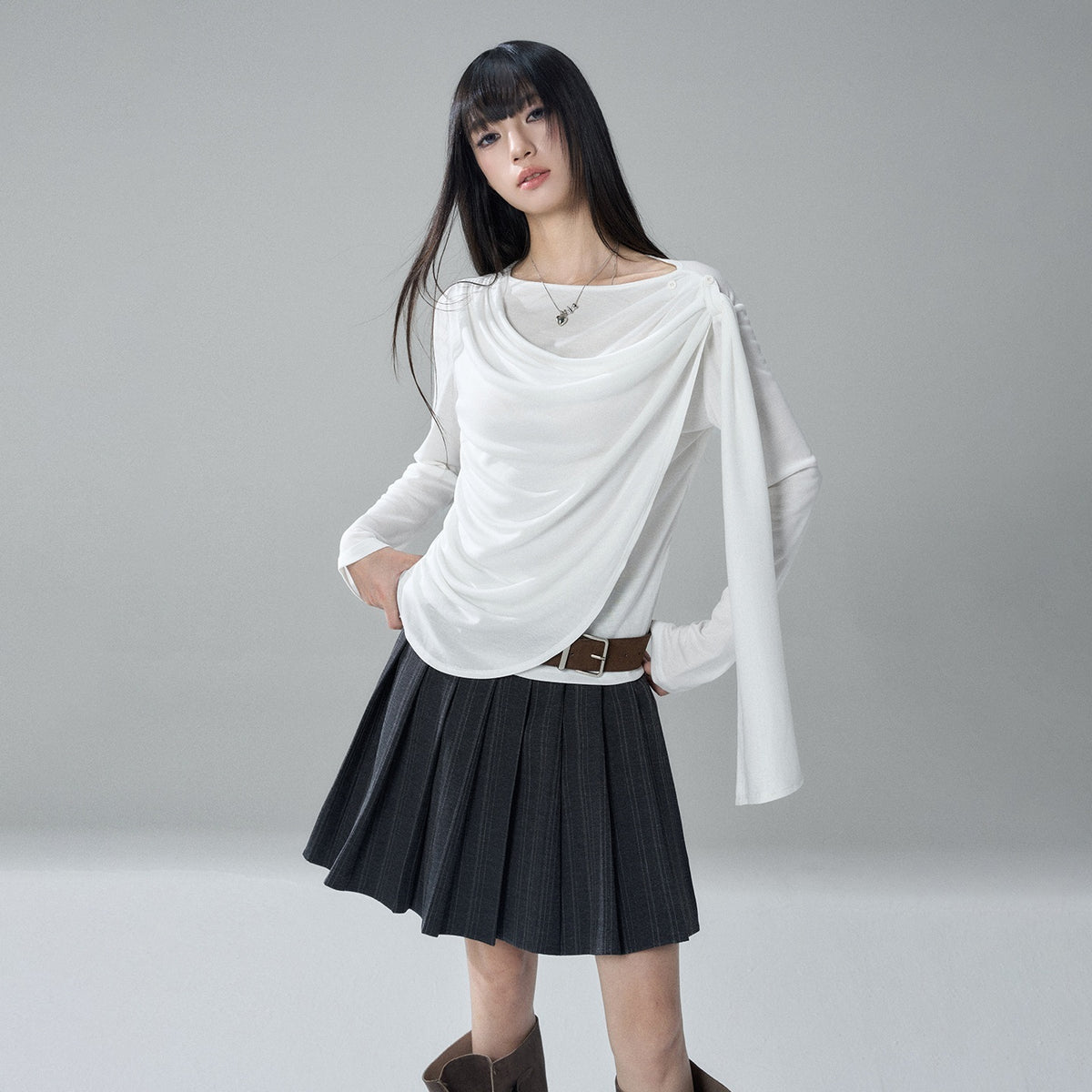 LADYGHOST_Korean_Faux_Layered_Button_Slim_Fit_Solid_Lyocell_Women&