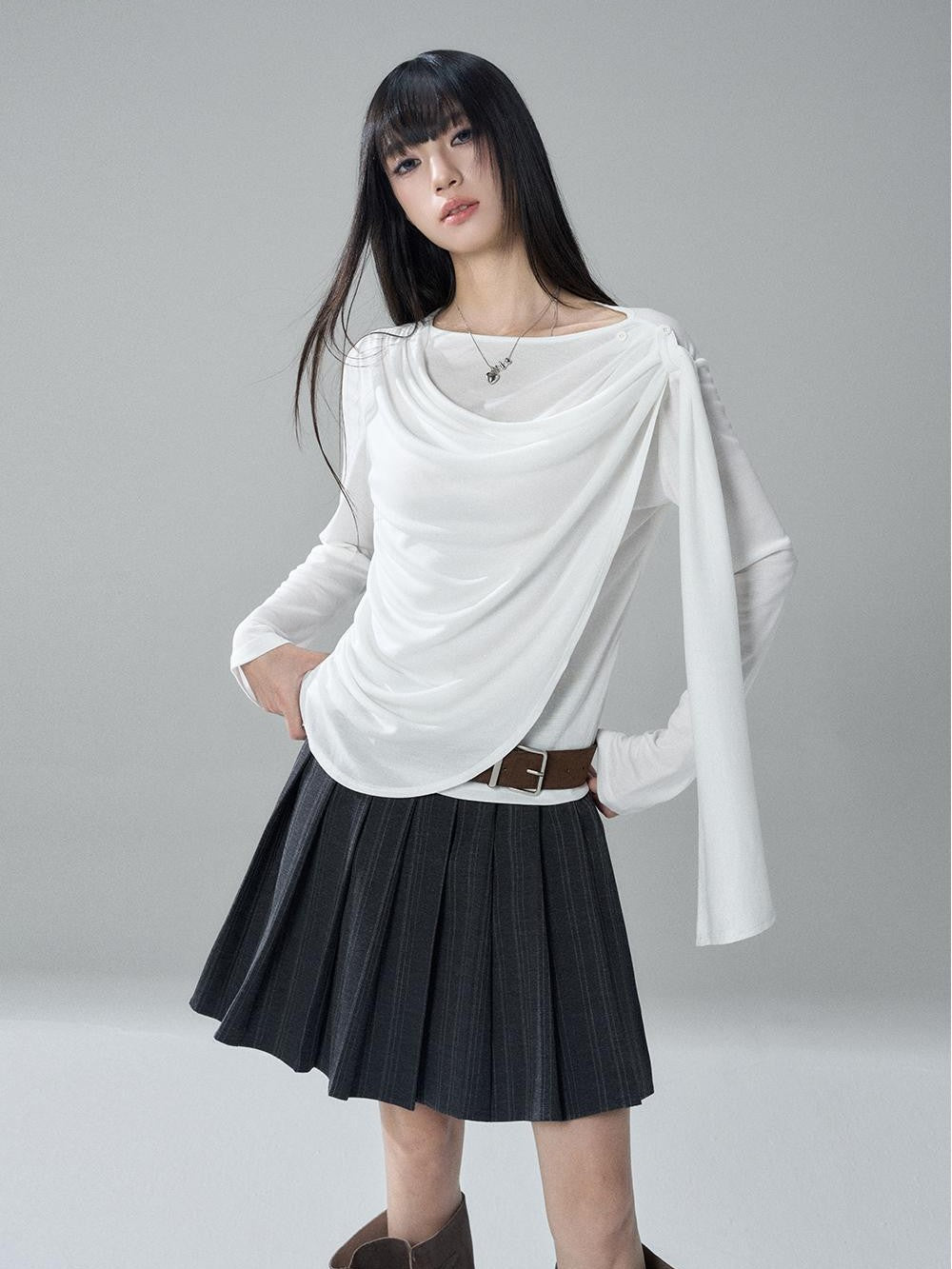 LADYGHOST Korean Faux Layered Button Slim Fit Solid Lyocell Women&