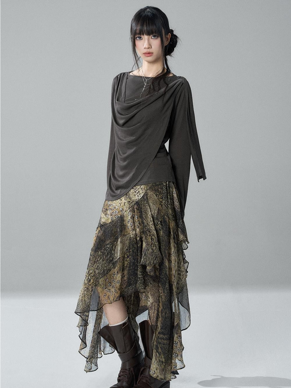LADYGHOST Korean Faux Layered Button Slim Fit Solid Lyocell Women&