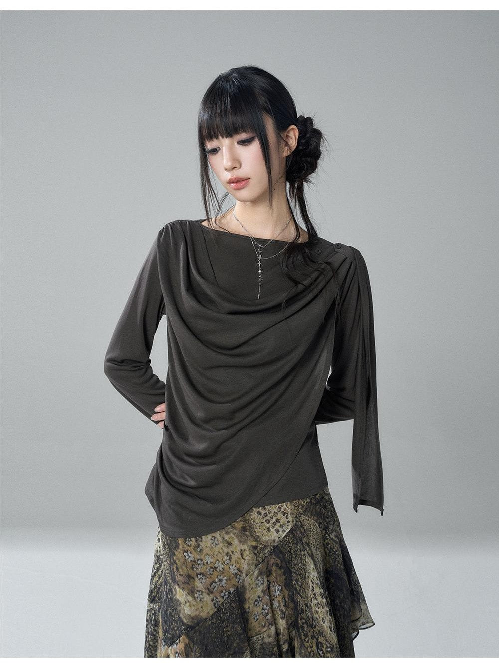 LADYGHOST Korean Faux Layered Button Slim Fit Solid Lyocell Women&