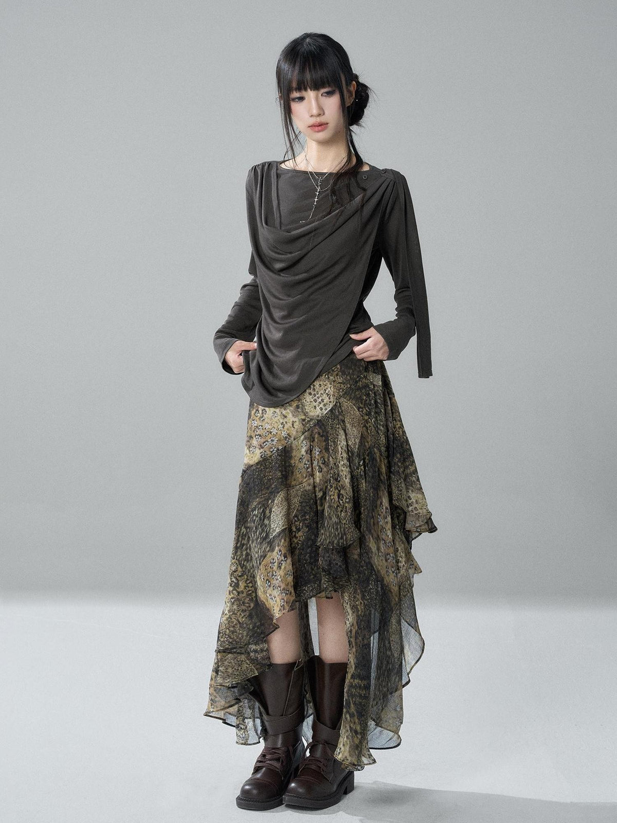LADYGHOST Korean Faux Layered Button Slim Fit Solid Lyocell Women&