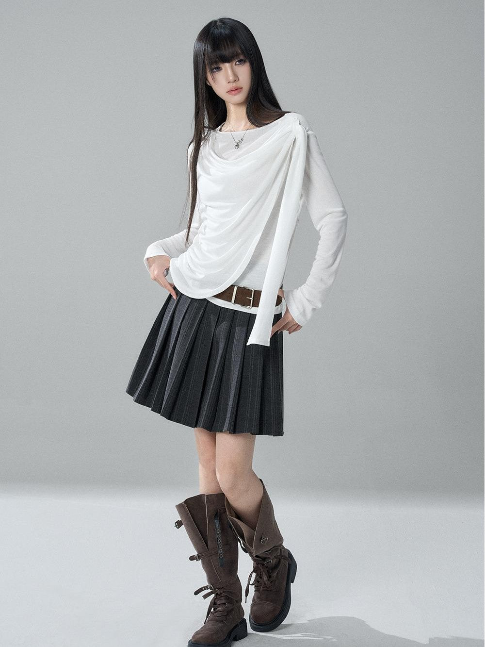 LADYGHOST Korean Faux Layered Button Slim Fit Solid Lyocell Women&