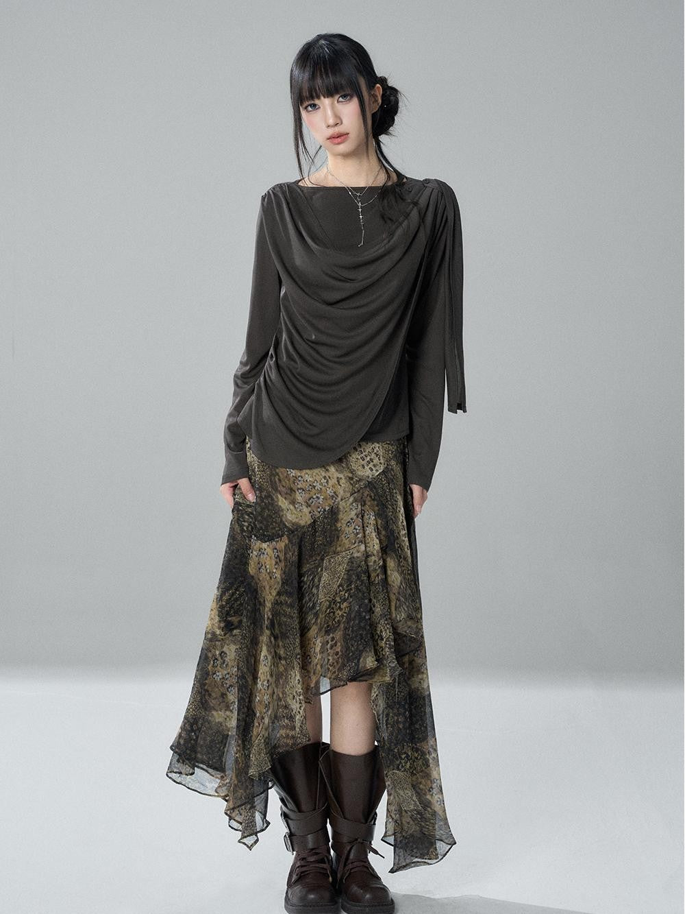 LADYGHOST Korean Faux Layered Button Slim Fit Solid Lyocell Women&