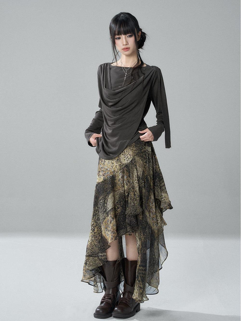 LADYGHOST Korean Faux Layered Button Slim Fit Solid Lyocell Women&