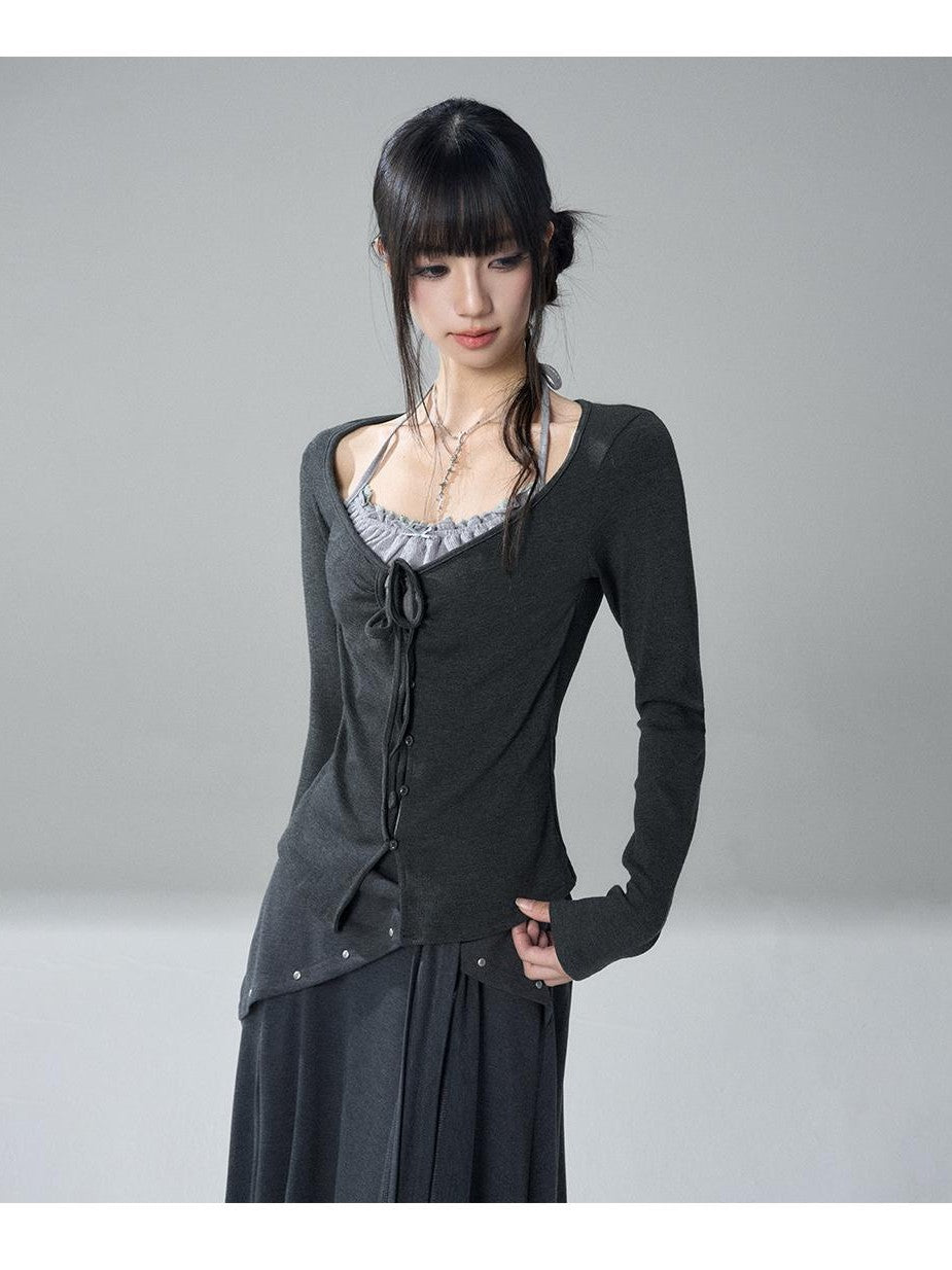 LADYGHOST Korean Style Faux Two Piece Ruched Lace Trim Halter Women&