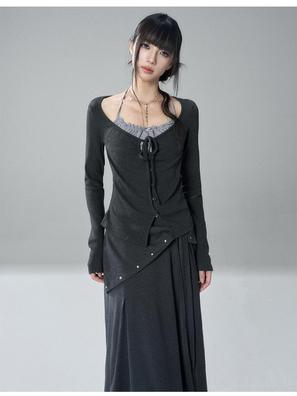LADYGHOST Korean Style Faux Two Piece Ruched Lace Trim Halter Women&