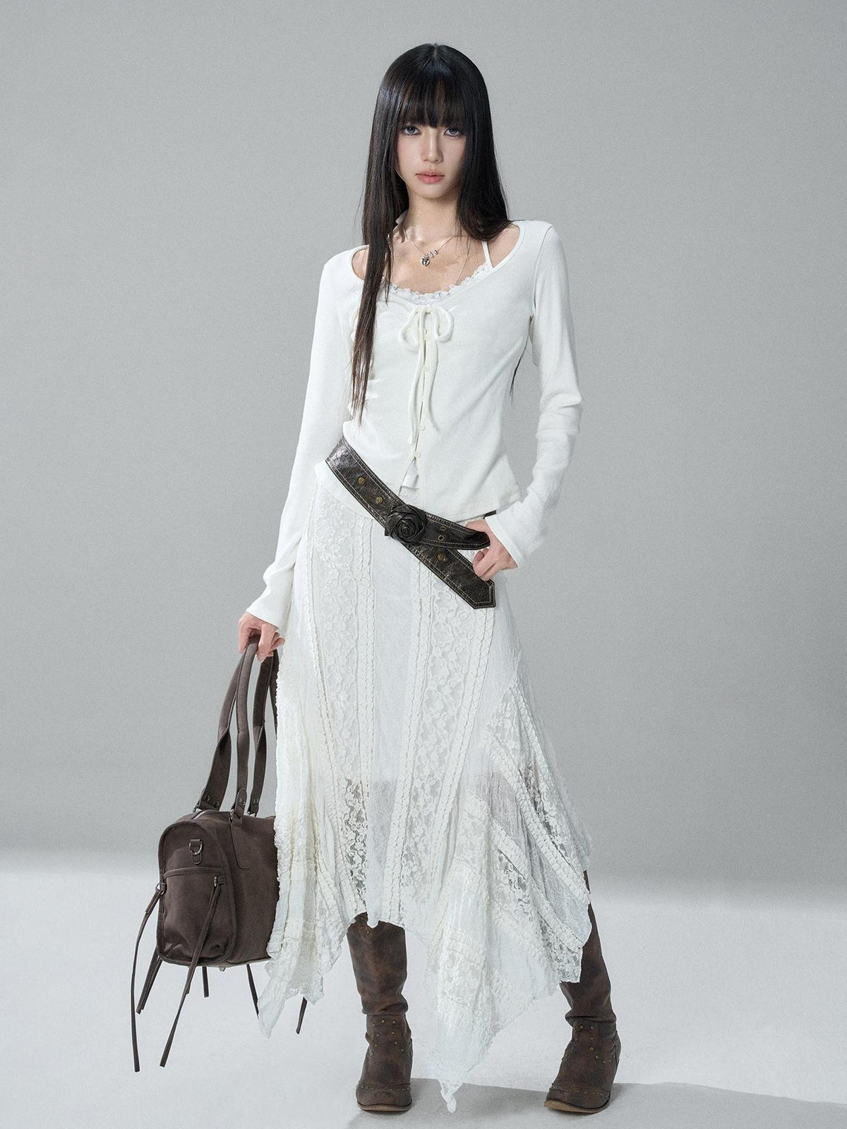 LADYGHOST Korean Style Faux Two Piece Ruched Lace Trim Halter Women&
