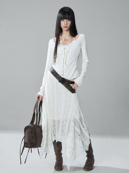 LADYGHOST Korean Style Faux Two Piece Ruched Lace Trim Halter Women&