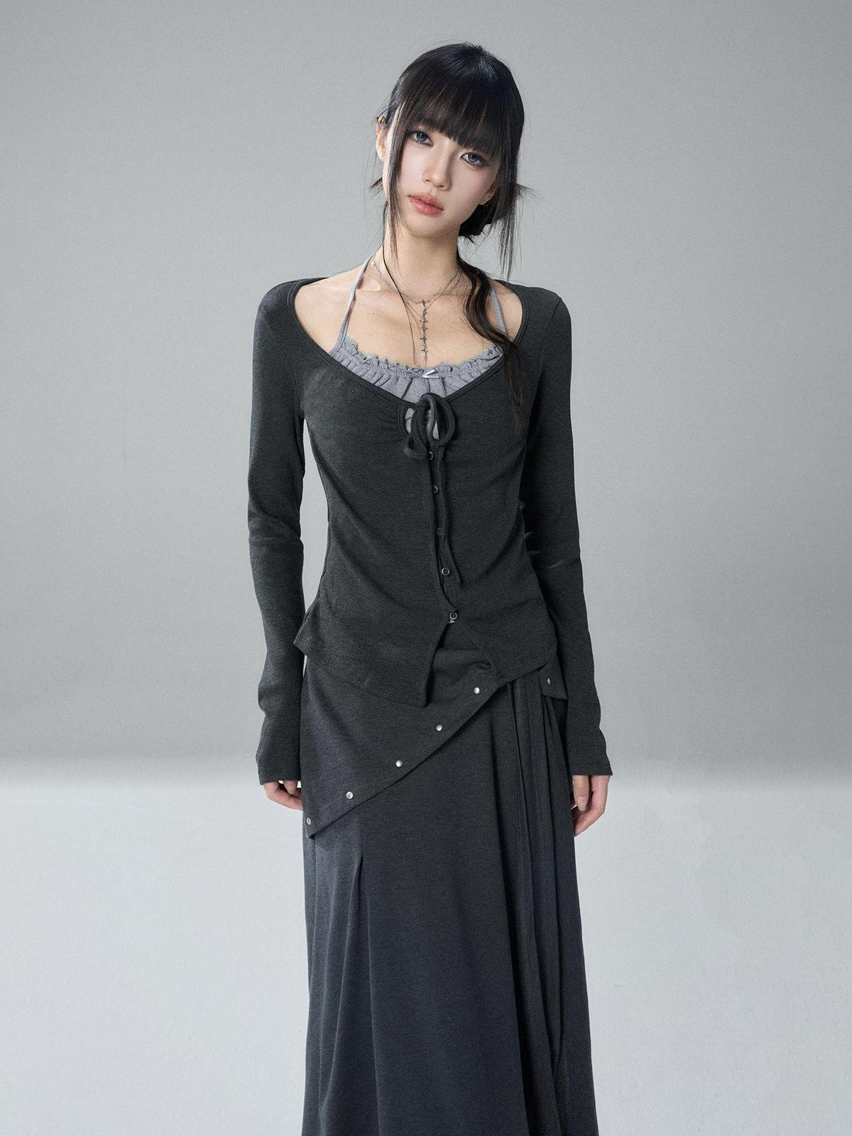 LADYGHOST Korean Style Faux Two Piece Ruched Lace Trim Halter Women&