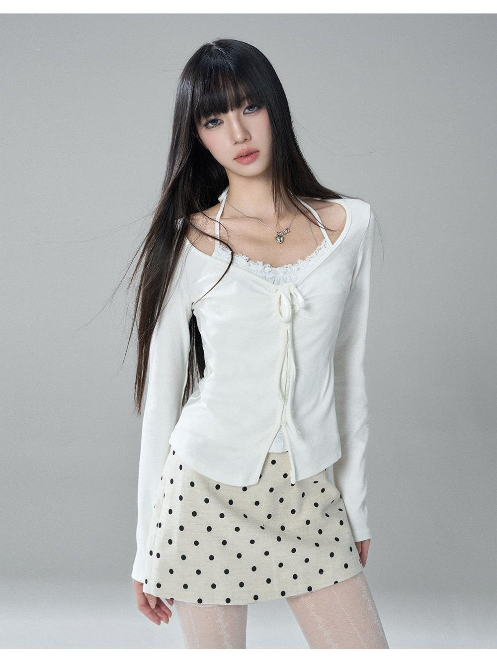 LADYGHOST Korean Style Faux Two Piece Ruched Lace Trim Halter Women&