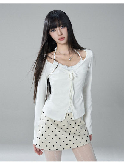 LADYGHOST Korean Style Faux Two Piece Ruched Lace Trim Halter Women&