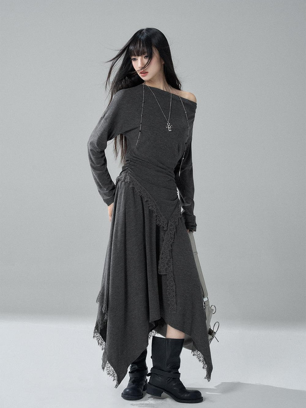 LADYGHOST Lace Trim Batwing Sleeve Color Block Women&
