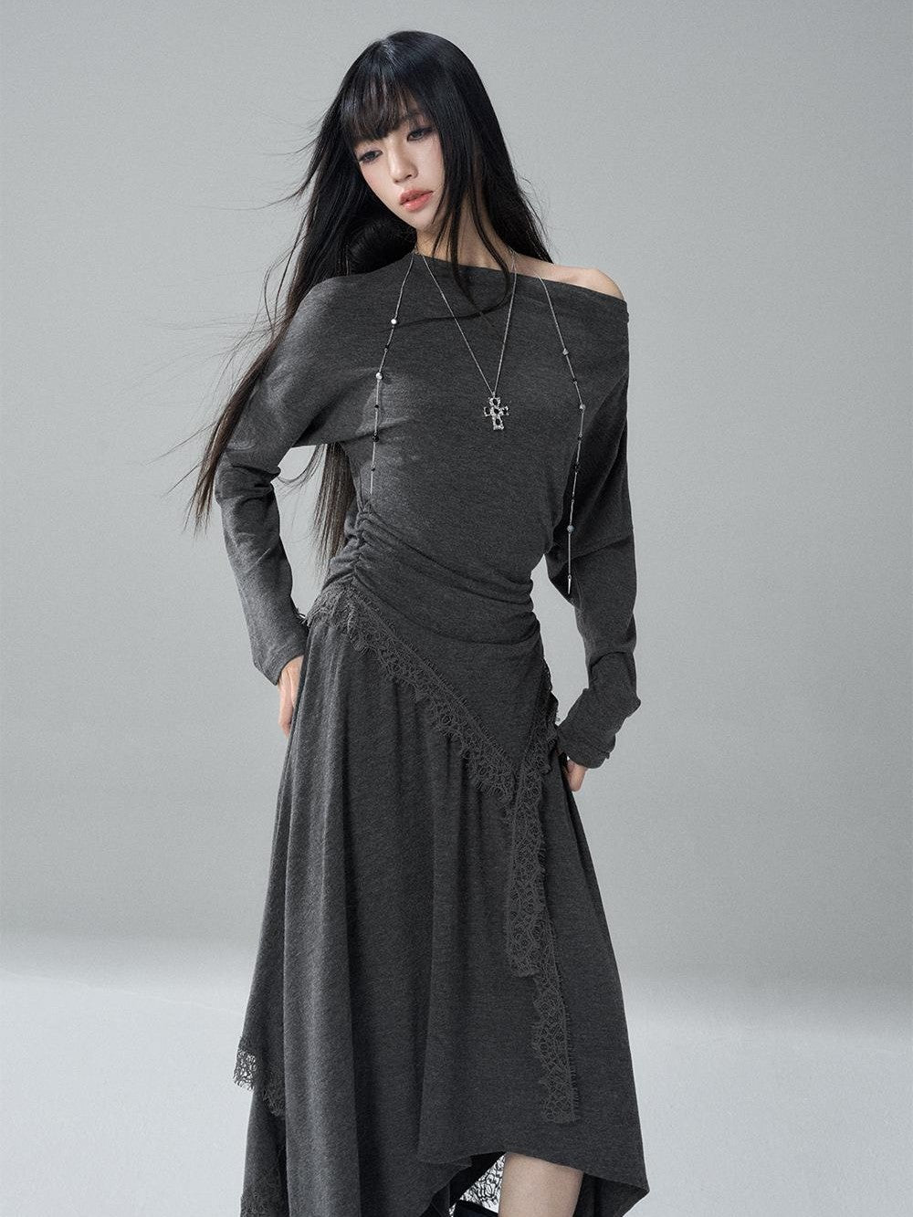 LADYGHOST Lace Trim Batwing Sleeve Color Block Women&