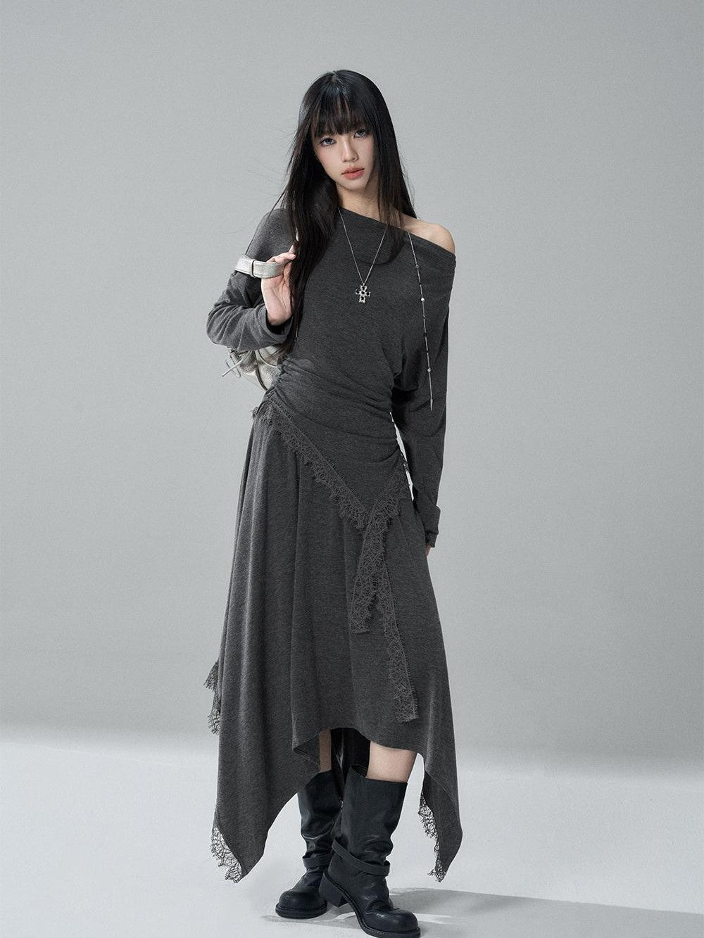 LADYGHOST Lace Trim Batwing Sleeve Color Block Women&