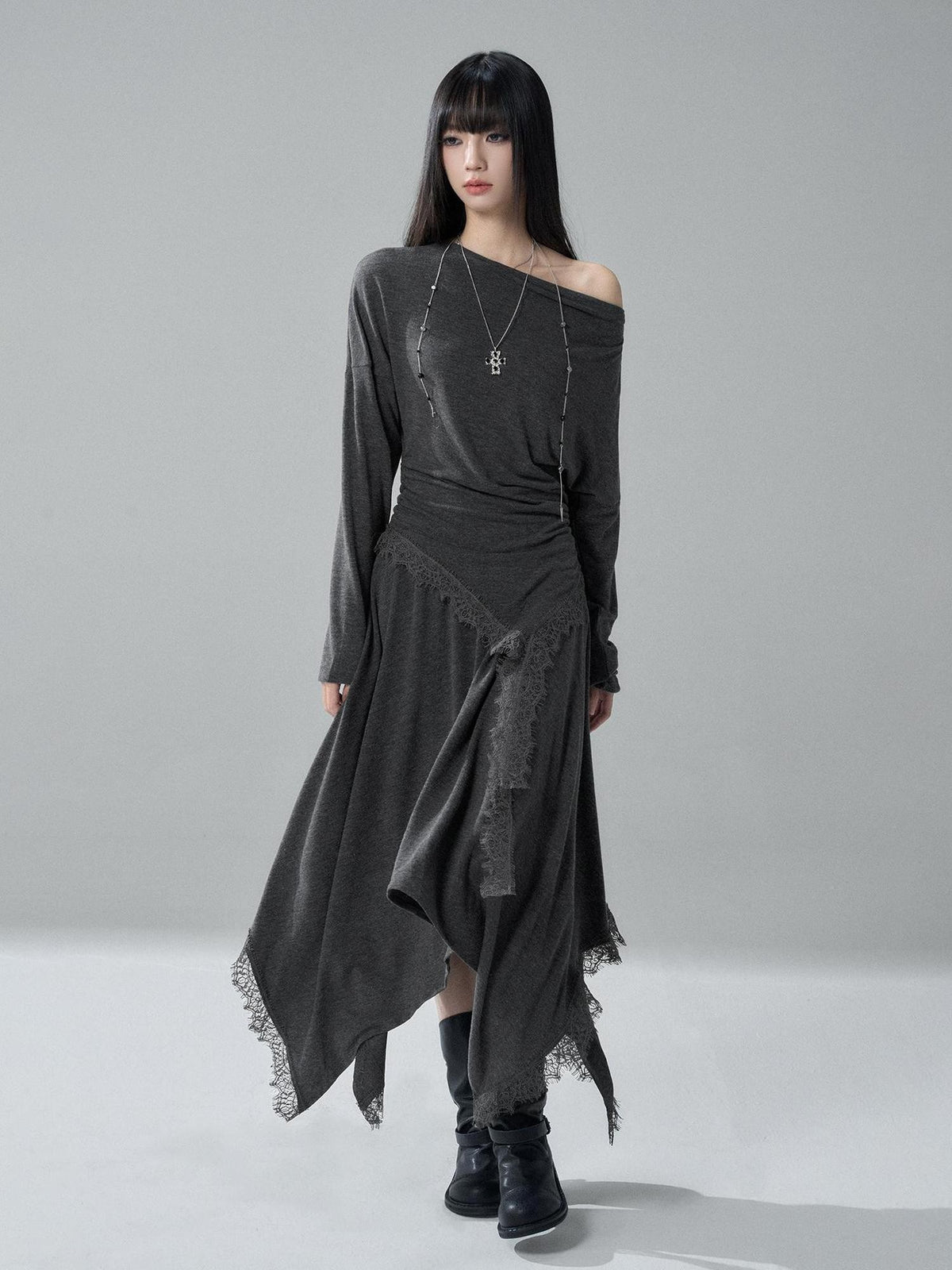 LADYGHOST Lace Trim Batwing Sleeve Color Block Women&
