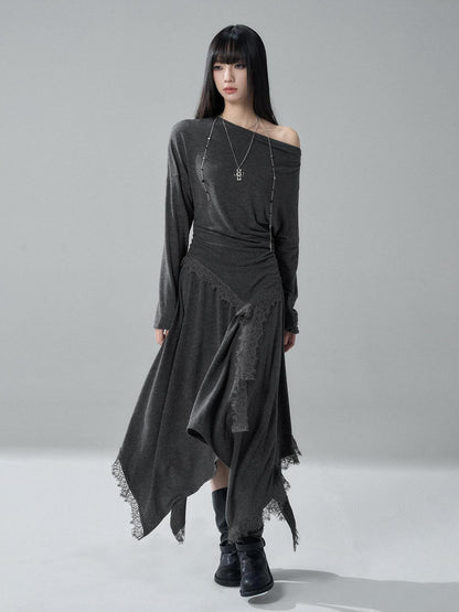 LADYGHOST Lace Trim Batwing Sleeve Color Block Women&